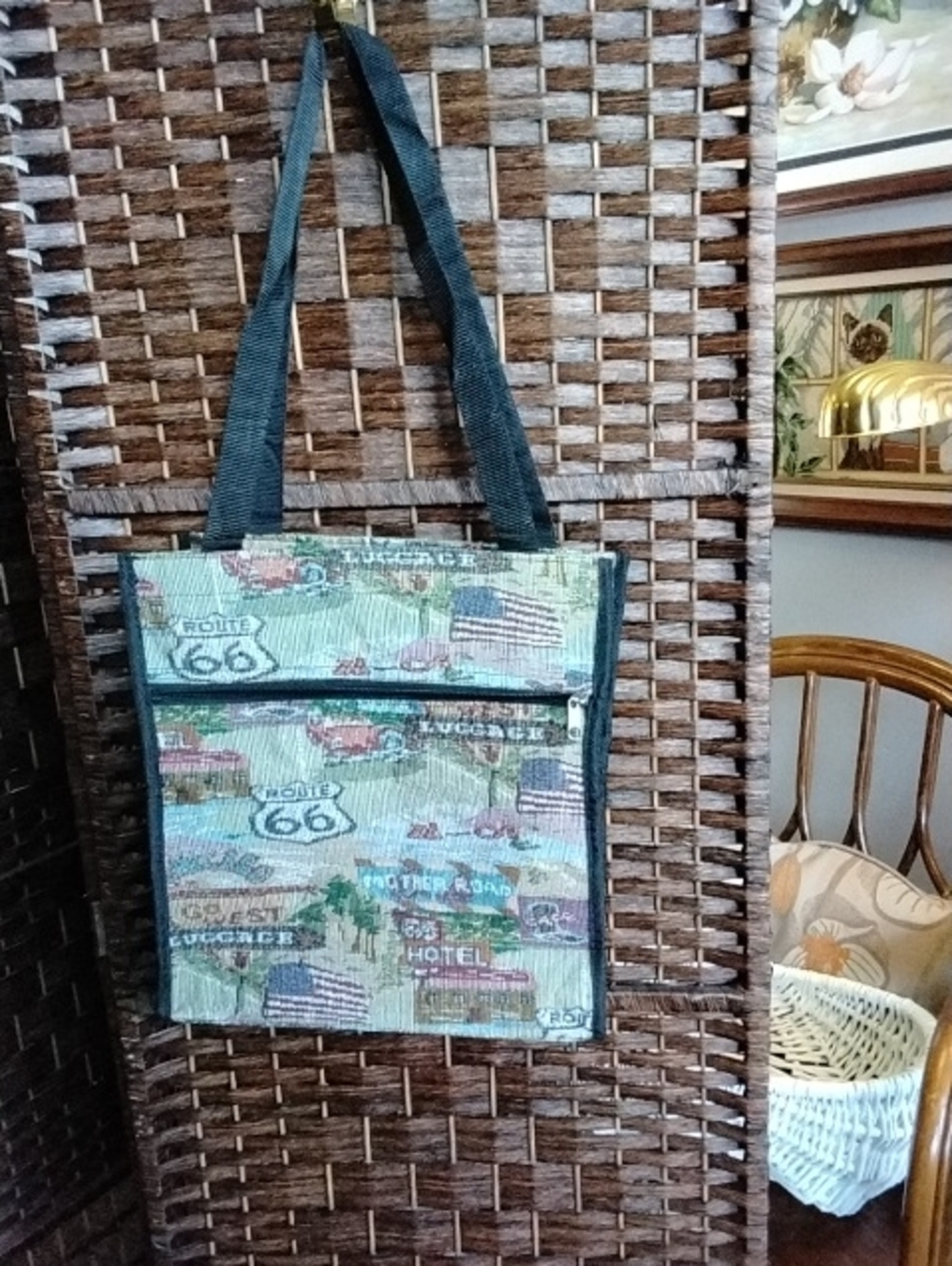 Route 66 Vintage Print Tote Bag in Teal and Black